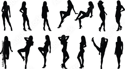 Collection of female fashion silhouettes in various poses on white background Keywords: female