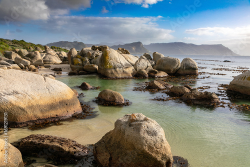 Landscape of Granite rocks in the ocean at Boulders Beach in Simons Town, Cape Town. 