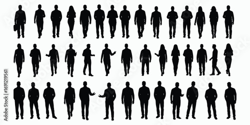 Diverse group of men and women silhouettes in various poses and outfits Keywords: silhouette, people