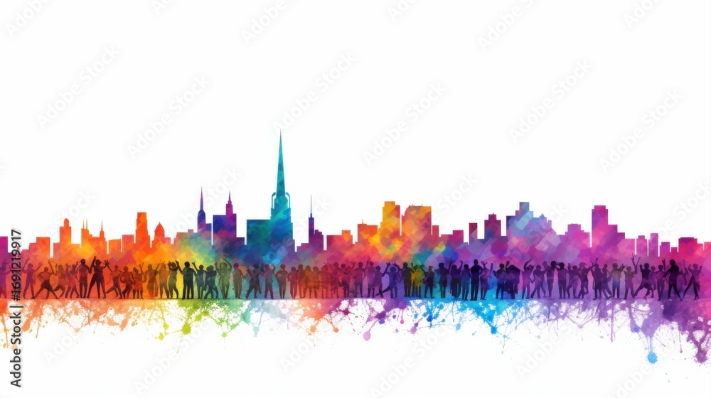 Obraz premium Vibrant city skyline silhouette with colorful, abstract splashes and a diverse crowd of people in front, symbolizing urban life and community spirit.