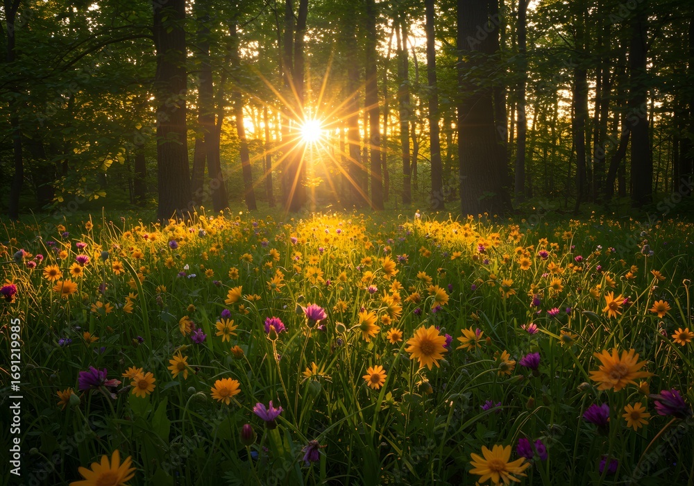 Obraz premium Golden Sunset Shining Through Forest Trees, Flower Meadow, Sunlight, Nature Landscape Background.