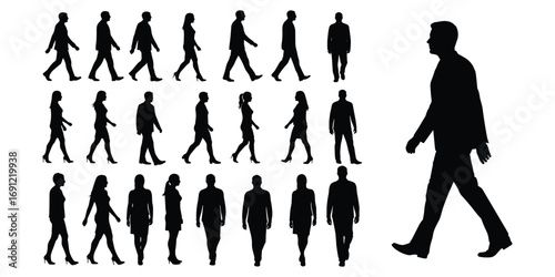 Diverse group of walking and standing male and female silhouettes on white people