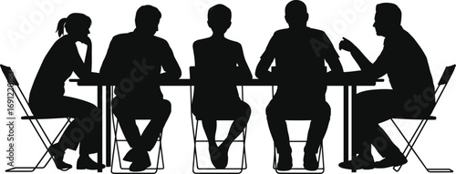 Five People Silhouettes Sitting Around a Table in Discussion on White Background Keywords: people