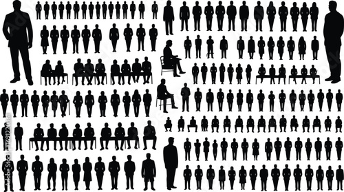 Large collection of diverse human silhouettes in various poses and groups Keywords: human, silhouette