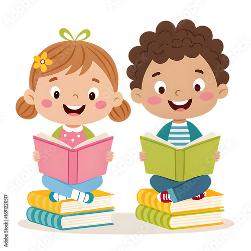 Two happy children reading books isolated on transparent background