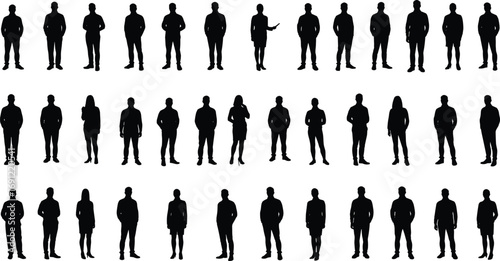 Rows of Black Silhouettes of Men and Women in Casual and Business Attire Keywords: silhouette, people