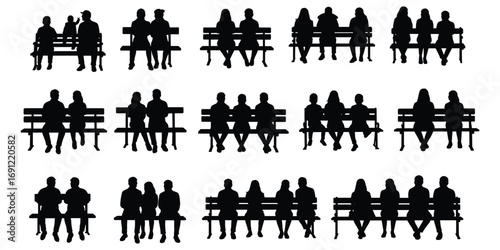 Multiple silhouettes of people sitting on park benches in various group sizes on white background vector