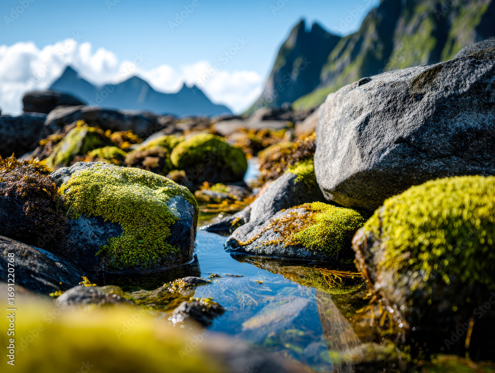 Fototapeta premium Moss-covered rocks and mountain stream in a rugged landscape