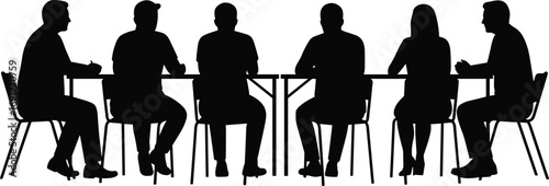 Silhouette of six people sitting around a rectangular table on white background Keywords: silhouette