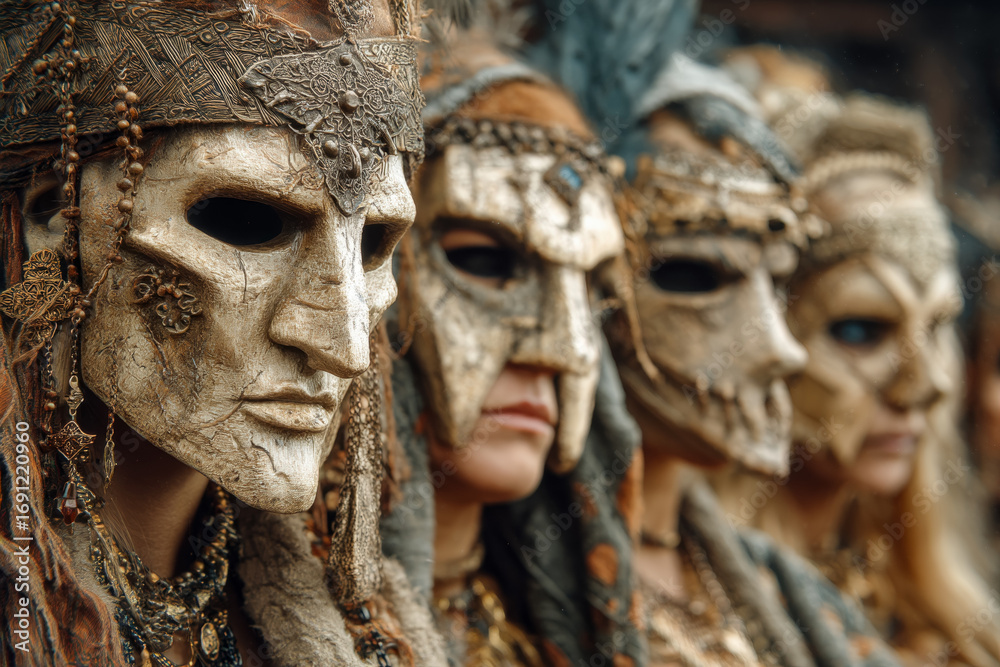 Fototapeta premium Women wearing ceremonial tribal masks and accessories in a cultural event