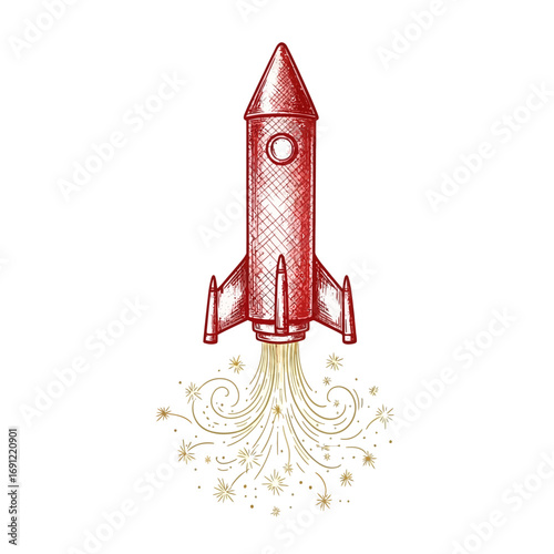 Hand-drawn Red Rocket Ship Launching with Golden Sparkles