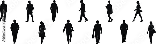 Silhouettes of business people walking and standing on white background Keywords: people, silhouette