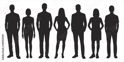 Silhouettes of men and women in business attire on white background people group