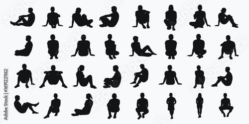 Silhouettes of men and women sitting in various relaxed poses on white background Keywords: silhouette