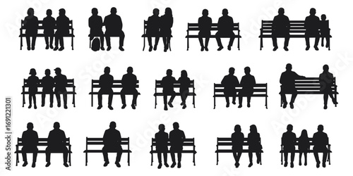 Silhouettes of people sitting on park benches in various arrangements Keywords: people, silhouette