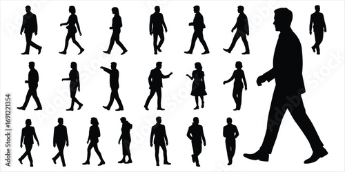 Silhouettes of people walking in different poses and directions on white background Keywords