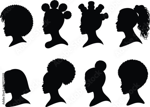 Silhouettes of women's heads with diverse hairstyles on white background Keywords: silhouette, woman