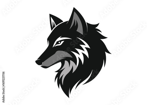 Wolf Head Profile Illustration in Black and White Silhouette