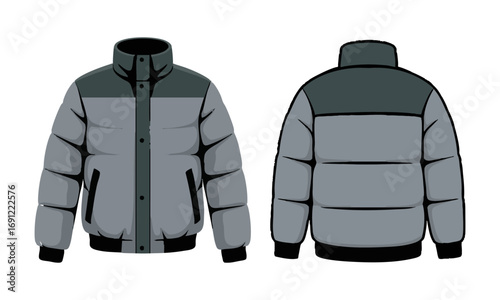 Puffer Jacket Front and Back Mockup Technical Flat Minimal Vector illustration, Pedding jacket mockup, winter coat template, easily editable and scalable.