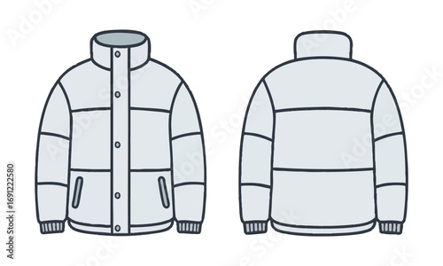 Puffer Jacket Front and Back Mockup Technical Flat Minimal Vector illustration, Pedding jacket mockup, winter coat template, easily editable and scalable.