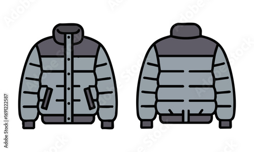 Puffer Jacket Front and Back Mockup Technical Flat Minimal Vector illustration, Pedding jacket mockup, winter coat template, easily editable and scalable.