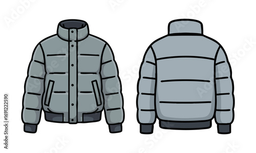 Puffer Jacket Front and Back Mockup Technical Flat Minimal Vector illustration, Pedding jacket mockup, winter coat template, easily editable and scalable.