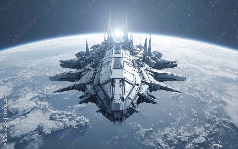 Fototapeta premium Futuristic spaceship floating above Earth in outer space