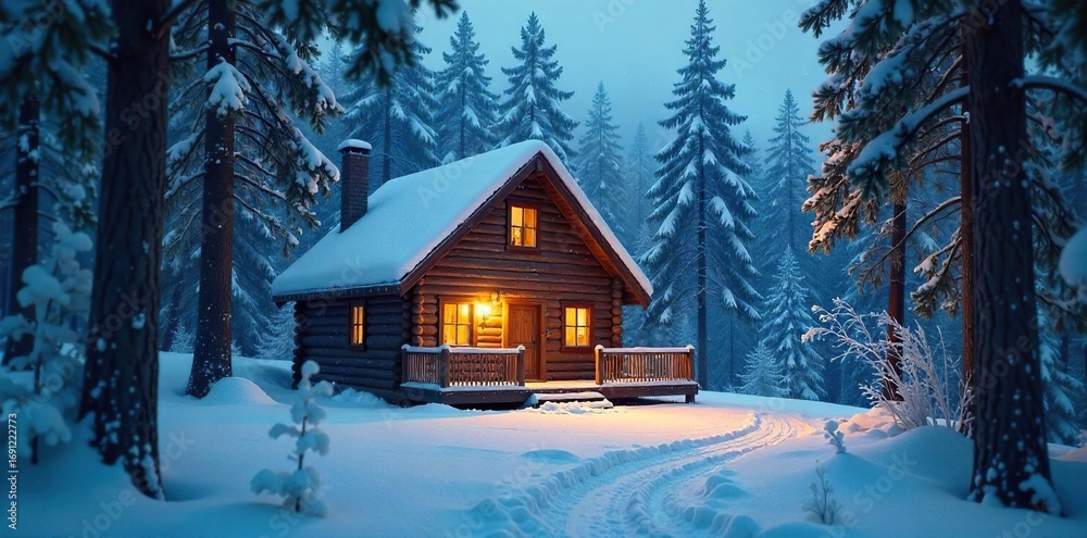 Fototapeta premium Cozy cabin nestled in a snowy forest, providing warmth and refuge from a winter storm Perfect for themes of peace, tranquility, and escape , snow, cabin, log cabin