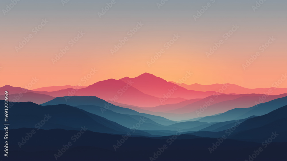 Fototapeta premium Minimalist sunset mountain landscape with layered silhouettes and warm gradient sky