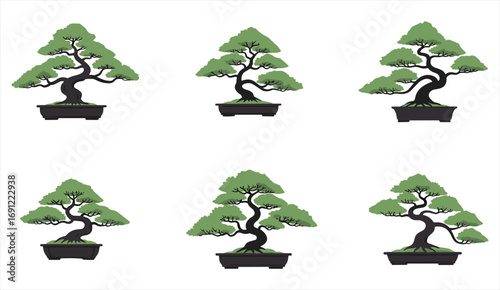 Collection of bonsai trees illustration, traditional japanese miniature plants, potted decorative nature design, zen garden ornamental artwork