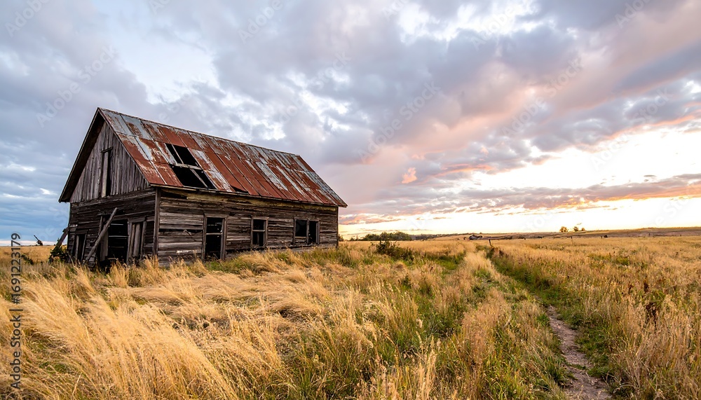 Obraz premium Abandoned farmhouse at sunset over a golden field