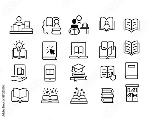 Set of outline icons related to book. Linear icon collection