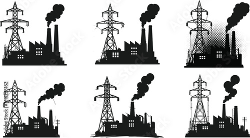 Industrial factory silhouette, power plant illustration, electricity pylon tower, smoke pollution, urban energy production, heavy industry landscape