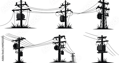 Electricity poles with transformers, high voltage power lines, rural utility infrastructure, distribution energy system, black silhouette vector illustration