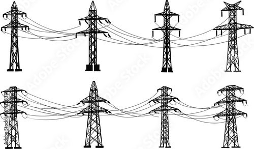 High voltage transmission towers, electricity pylons with power lines, energy distribution infrastructure, utility grid system vector silhouette illustration