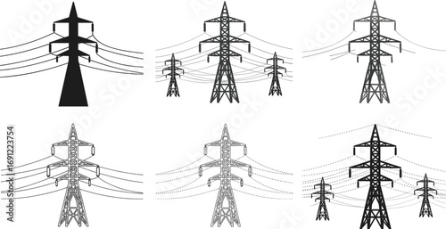 High voltage electricity transmission towers, power line pylons, energy grid infrastructure, electric distribution, urban silhouette vector illustration