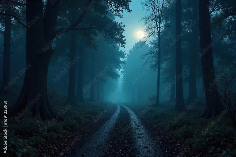 Fototapeta premium Eerie, misty path winding through a dark forest, illuminated only by moonlight, suggesting a ghostly presence A sense of mystery and the unknown permeates the scene , still, moonlight, trees
