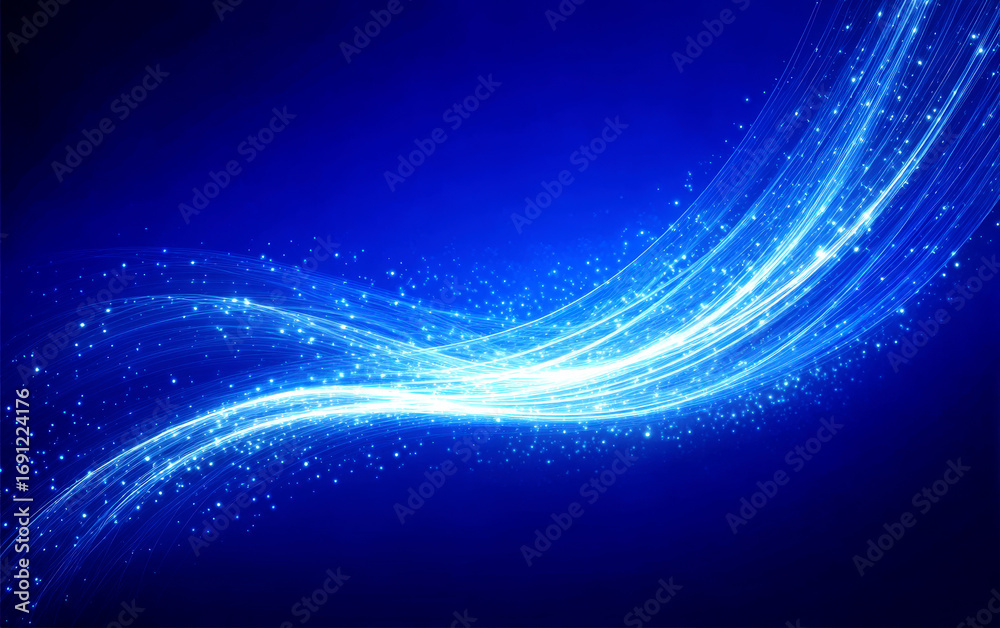Fototapeta premium Blue abstract background with glowing light streaks and sparkling particles