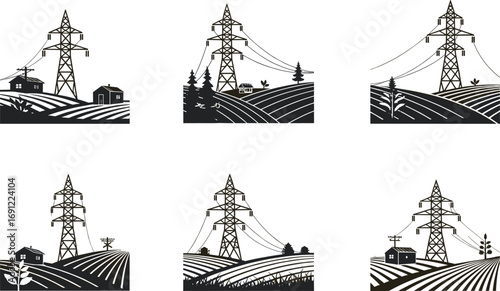 Electricity transmission towers in rural farmland, countryside power grid, sustainable energy distribution, agricultural landscape infrastructure vector illustration
