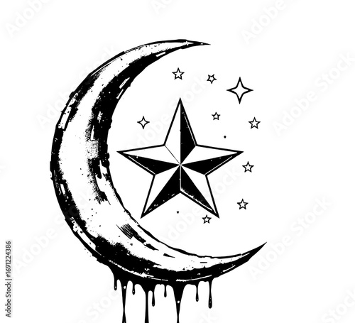 Grunge Black and White Crescent Moon with Dripping Paint and Nautical Star