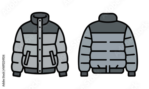 Puffer Jacket Front and Back Mockup Technical Flat Minimal Vector illustration, Pedding jacket mockup, winter coat template, easily editable and scalable.
