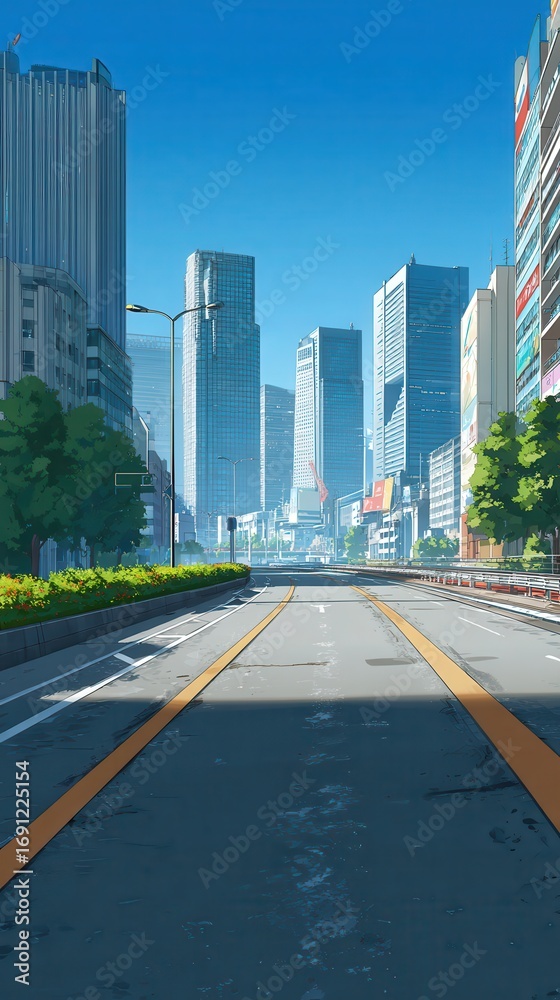 Obraz premium Stunning photo of asphalt road and a modern city depicted in anime style.