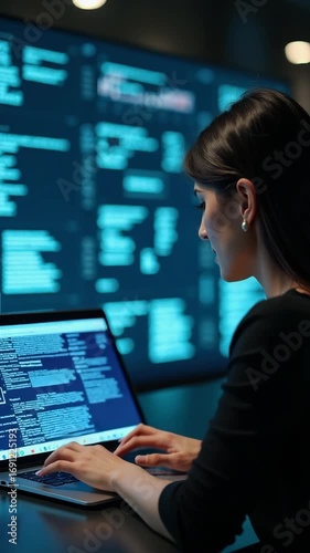 Online documentation database and document management system concept. Businesswoman working on laptop with virtual screen. Process automation to efficiently manage files..