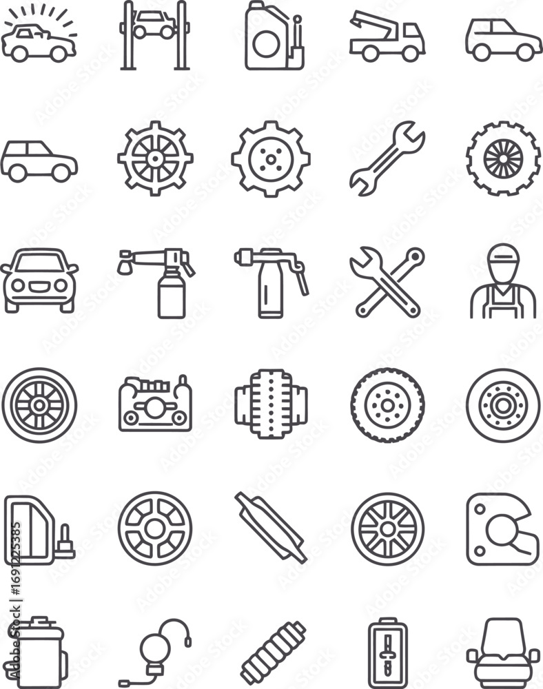 Fototapeta premium Collection of hand drawn icons representing automotive services and car maintenance