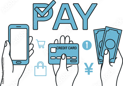Digital and physical payment methods illustrated with hands holding phone card and cash