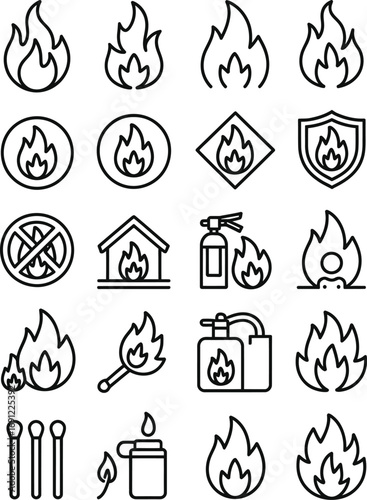 Collection of simple line art icons representing fire safety and danger symbols