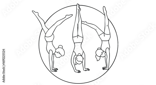 Minimalist line art illustration of three women performing various handstand poses within a circular frame, symbolizing balance and strength