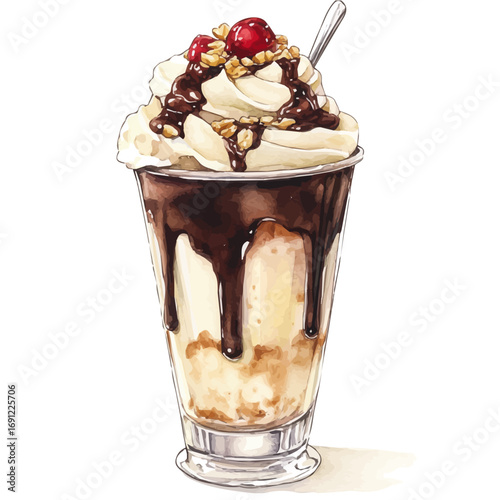 Ice Cream Sundae, watercolor clipart vector, isolated on a white background.