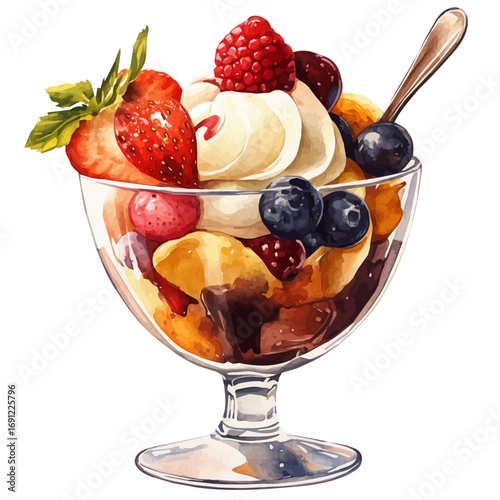 Ice Cream Sundae, watercolor illustration vector, isolated on a white background.