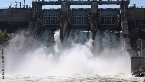 Dam's spillway releasing water; power station background